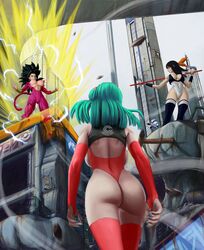 3girls areolae ass big_ass big_breasts blue_vains bra_(dragon_ball) bra_briefs breasts bursting_breasts bursting_clothes city_background dragon_ball dragon_ball_gt female female_only giru_(dragon_ball) green_eyes headband kefla muscular_female nipples novasayajingoku pan_(dragon_ball) potara_earrings red_fur super_saiyan_4 tail veiny_breasts rating:Explicit score:261 user:Fireman_9