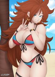 1girls 2021 android_21 android_21_(human) artist_signature bare_legs beach belly_button bikini blue_eyes breasts cleavage dragon_ball dragon_ball_fighterz earrings female female_only flytrapxx hi_res hips hoop_earrings huge_breasts large_breasts long_hair looking_at_viewer navel outdoors peace_sign red_hair shounen_jump side-tie_bikini skindentation slim_waist smile solo striped_bikini thick_thighs thigh_strap thighs wide_hips rating:Questionable score:300 user:Cero_Oscuras