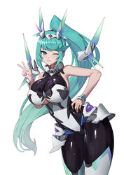 1girls armor bangs blush bowtie breasts bunnysuit colored exposed_shoulders female gem green_eyes green_hair hand_on_hip huge_breasts jingb_dx latex long_hair looking_at_viewer nintendo peace_sign pneuma ponytail smile solo swept_bangs tagme technology thick_thighs thighs tiara v wink winking winking_at_viewer xenoblade_(series) xenoblade_chronicles_2 rating:Questionable score:77 user:zoomzoomomega