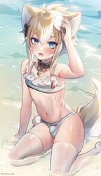 1boy 1femboy adult androgynous bikini blue_eyes blush bulge choker dog_ears dog_tail dogboy femboy femboy_only genshin_impact gorou_(genshin_impact) haruya_(lajoon) male male_only midriff multicolored_hair navel orange_hair penis_under_clothes revealing_clothes solo solo_focus solo_male swimsuit thick_thighs thighhighs thighs tight_clothing trap wet white_hair rating:Explicit score:408 user:lunarr