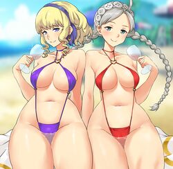 2girls absurdres ahoge alternate_breast_size alternate_costume bangs big_breasts bikini blonde_female blonde_hair blue_eyes braid breasts constance_von_nuvelle cup drinking_glass female_only fire_emblem fire_emblem:_three_houses fire_emblem_fates fire_emblem_heroes hairband highres igni_tion long_hair looking_at_viewer medium_hair multiple_girls nina_(fire_emblem) nintendo one-piece_swimsuit purple_swimsuit red_bikini red_one-piece_swimsuit red_swimsuit revealing_clothes short_blonde_hair silver_hair slingshot_swimsuit swimsuit thong_bikini twin_braids wakamezake wine_glass rating:Questionable score:71 user:kris923