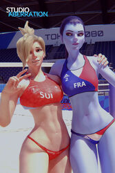 2girls 3d 3d_(artwork) abs athletic athletic_female beach_ball belly belly_button bikini bikini_bottom bikini_top blizzard_entertainment blonde_hair female female_focus female_only hand_on_shoulder hi_res looking_at_another looking_at_viewer mercy national_personification navel olympics overwatch ponytail purple_hair purple_skin sand sports_uniform sportswear studioaberration swimsuit volleyball volleyball_uniform widowmaker rating:Questionable score:137 user:xplosive93