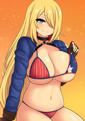 1girls 2021 absurd_res alternate_breast_size american_flag american_flag_bikini bikini blonde_hair blush breasts brown_gloves choker cleavage clothing cosplay cropped_jacket crossover cynthia_(pokemon) eyebrows_visible_through_hair fate/grand_order fate_(series) female female_only gloves gradient_background grey_eyes hair_over_one_eye highres large_breasts long_hair looking_at_viewer miyamoto_musashi_(fate) miyamoto_musashi_(fate)_(cosplay) miyamoto_musashi_(swimsuit_berserker) navel nintendo orange_background pokemon pokemon_dppt simple_background skindentation smile solo strap_lift swimsuit the_only_shoe thighs very_long_hair voluptuous rating:Questionable score:92 user:Blookryynnn