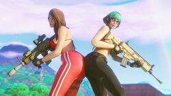 2girls 3d ass ass_focus ass_to_ass bikini blender bra breasts brown_hair exposed fortnite glasses multicolored_hair outdoors outside pants ruby_(fortnite) sunny_(fortnite) tagme vulpeculy weapon rating:Explicit score:60 user:Vulpeculy