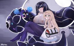 big_breasts black_hair black_legwear blonde_hair breasts cosmog evil_lusamine_(pokemon) game_freak green_eyes lillie_(pokemon) lusamine_(pokemon) milf mother_and_daughter mother_beast_lusamine nebby_(pokemon) nintendo nipples nipples_visible_through_clothing norza pokémon_(species) pokemon pokemon_sm see-through_clothing tagme wholesome yellow_eyes rating:Explicit score:136 user:CalZone