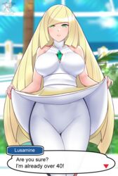 1girls big_breasts blonde_hair breasts eye_contact female green_eyes kaos_art long_hair looking_at_viewer lusamine_(pokemon) mature_female milf nintendo pokemon pokemon_sm skirt_lift speech_bubble standing text thick_thighs tight_clothing tight_pants wide_hips rating:Questionable score:186 user:Bikuta69