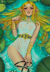 1girls 2021 big_breasts blonde_hair blue_eyes blush breasts breath_of_the_wild dress earrings feet_out_of_frame female female_only fishnet_legwear inspyart laying_down lily_pad long_hair looking_at_viewer nintendo parted_lips partially_submerged patreon pointy_ears princess_zelda see-through smile solo the_legend_of_zelda water wet wet_clothes zelda_(breath_of_the_wild) rating:Questionable score:244 user:Thirsy_Lucario