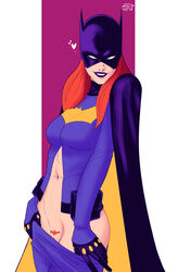 1girls 2dnsfw abs barbara_gordon bat_pubes batgirl batman_(series) dc dc_comics female female_only fit_female lipstick long_hair looking_at_viewer navel no_panties orange_hair pubic_hair pulling_down_pants pussy_slip red_hair shaped_pubic_hair smile solo thick_thighs undressing rating:Explicit score:96 user:Tronitrus