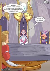 adora bright_moon clothed clothing comic comic_page dialogue female female_only fully_clothed glimmer_(she-ra) light-skinned_female light_skin netflix nsfani pale_skin queen_angella she-ra_and_the_princesses_of_power table text rating:Safe score:65 user:experbow