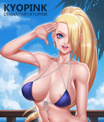 1girls alternate_costume alternate_version_available areola areola_slip beach big_breasts bikini blonde_hair blue_eyes blue_sky breasts cleavage clothed_female clouds curvaceous elbow_pads female female_only fishnets front-tie_bikini hair_over_one_eye ino_yamanaka kyopink looking_at_viewer midriff naruto naruto_(series) naruto_shippuden ocean open_mouth outdoors ponytail purple_bikini sky slim_waist solo_focus swimsuit tied_hair upper_body waving wide_hips rating:Explicit score:114 user:VenomFate