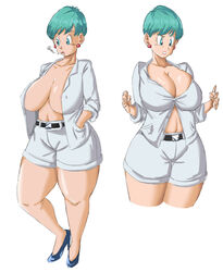 1girls areolae_slip blue_eyes blue_hair breasts bulma_briefs bulma_briefs_(beginnings_of_dragon_ball_z) cleavage dragon_ball dragon_ball_z earrings female female_only high_heels hourglass_figure huge_breasts human midriff milf no_bra open_shirt panarandom shirt short_hair smoking solo thick_thighs toei_animation white_background wide_hips rating:Questionable score:214 user:LinkAlmighty