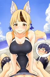 1boy 1girls alternate_costume beach big_breasts black_swimsuit blonde_hair blush breasts brown_eyes cleavage commission embarrassed erection fire_emblem fire_emblem_fates fox_girl igni_tion kiragi_(fire_emblem) kitsune large_breasts looking_at_penis multicolored_hair nintendo ocean one-piece_swimsuit penis_bulge pov seaside selkie_(fire_emblem) short_hair sitting_on_person slit_pupils smile solo_focus swimsuit wholesome yellow_eyes rating:Questionable score:25 user:kris923