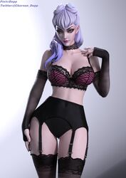 3d 3d_(artwork) black_bra black_panties breasts cleavage depp_(artist) evelynn garter_belt garter_straps hand_on_hip k/da_all_out_evelynn k/da_all_out_series lace_gloves large_breasts league_of_legends lingerie looking_at_viewer pale-skinned_female pale_skin purple_hair tagme thighhighs thighs tiger_print rating:Explicit score:177 user:ugaugaugau12e