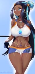 1girls alternate_breast_size big_breasts blue_eyes blue_hair breasts dufreyjupiter earrings hair_ornament large_breasts minishorts nessa_(pokemon) nintendo pokemon pokemon_ss shorts solo sports_bra standing sweat swimsuit thick_thighs two_tone_hair rating:Questionable score:92 user:Bikuta69