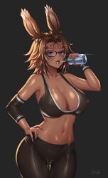 1girls absurd_res black_background brown_hair bunny_ears cameltoe cleavage dark-skinned_female dark_skin drinking elbow_pads face_markings female female_only final_fantasy final_fantasy_xiv glasses legs_together looking_at_viewer mad_kimo medium_hair nipple_bulge purple_eyes rin_(bitme) slit_pupils solo solo_female spilled_drink tank_top thigh_gap viera water water_bottle wide_hips workout_clothes wristband rating:Questionable score:88 user:!nner$elf89