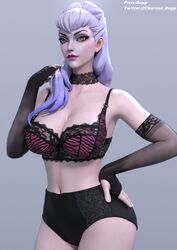 3d 3d_(artwork) ass black_bra black_panties breasts cleavage depp_(artist) evelynn hand_on_hip k/da_all_out_evelynn k/da_all_out_series lace_choker lace_gloves large_breasts league_of_legends lingerie looking_at_viewer pale-skinned_female pale_skin purple_hair tagme thighs tiger_print rating:Explicit score:120 user:ugaugaugau12e