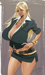 1girls 2021 absurd_res aqua_eyes artist_name artist_signature belt_buckle belt_skirt big_breasts black_eyeshadow blonde_eyebrows blonde_hair blouse breasts bursting_breasts cleavage collared_shirt curvaceous curvy curvy_female dark_elf dark_skin earrings elf erect_nipples erect_nipples_under_clothes eyebrows eyelashes eyeshadow facing_viewer female female_focus female_only fingernails gold gold_belt gold_bracelets gold_buckle gold_jewelry gold_nail_polish gold_nails gold_necklace gold_rings green_jacket green_microskirt green_miniskirt grey_background hand_on_hip hi_res high_resolution highres huge_breasts huge_eyelashes jacket jewelry lips lipstick long_fingernails long_pointy_ears looking_at_viewer lots_of_jewelry makeup mascara microskirt miniskirt multiple_earrings nail_polish nipples nipples_visible_through_clothing no_bra original original_character pencil_skirt plain_background pointy_ears puffy_nipples rolled_up_sleeves shiny shiny_skin shirt signature simple_background skirt solo sparkles sparkling tatsunami_youtoku very_long_ears waist_belt white_shirt wide_hips year rating:Explicit score:129 user:ron50