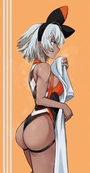 absurdres arm_up ass bangs bare_shoulders bea_(pokemon) black_bodysuit black_hairband bodysuit breasts breath cowboy_shot creatures_(company) dark-skinned_female dark_skin facing_to_the_side female game_freak gloves grey_eyes grey_hair gym_leader hairband highres holding kobi420 large_breasts looking_to_the_side muscular muscular_female nintendo open_mouth orange_background pokemon pokemon_(game) pokemon_ss shirt short_hair short_sleeves shorts simple_background solo sweat symbol-only_commentary thigh_strap thighs towel rating:Questionable score:163 user:OrangeMonke