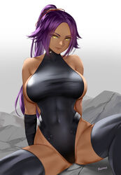 1girls big_breasts bleach breasts dark-skinned_female dark_skin easonx female female_only large_breasts looking_at_viewer shihouin_yoruichi solo spread_legs rating:Explicit score:262 user:justausername