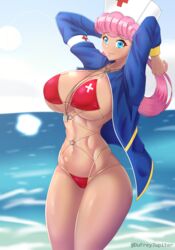 1girls alternate_breast_size big_breasts bikini blue_eyes breasts dufreyjupiter eye_contact female large_breasts looking_at_viewer nintendo nurse_cap nurse_joy pink_hair pokemon pokemon_(anime) solo standing tan_skin thick_thighs thighs rating:Questionable score:66 user:Bikuta69