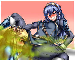 2girls blonde_hair blue_eyes blue_hair blush fart fart_cloud fart_fetish farting farting_in_face female_only fire_emblem fire_emblem_awakening hand_on_head lazei lucina_(fire_emblem) metroid nintendo ponytail samus_aran yuri rating:Questionable score:64 user:anon84048