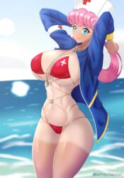 1girls alternate_breast_size big_breasts bikini blue_eyes breasts dufreyjupiter eye_contact female large_breasts looking_at_viewer nintendo nurse_cap nurse_joy pink_hair pokemon pokemon_(anime) solo standing tan_skin tanline thick_thighs thighs rating:Questionable score:79 user:Bikuta69