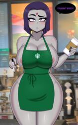 1girls apron barista big_ass big_breasts bimbo blush breasts busty cleavage clothing dc dc_comics drunkavocado fast_food female female_only goth goth_girl gray_skin huge_breasts iced_latte_with_breast_milk looking_at_viewer meme naked_apron offscreen_character outerwear purple_eyes purple_hair rachel_roth raven_(dc) skimpy skimpy_clothes solo solo_female speech_bubble starbucks teen_titans teenager text thick_thighs uniform wide_hips rating:Questionable score:973 user:justausername