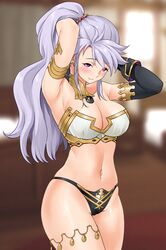 1girls absurdres alternate_costume armlet armpits arms_behind_back arms_up bikini black_bikini black_panties blush breasts cleavage commission cosplay detached_sleeves earrings fate/grand_order fate_(series) female fire_emblem fire_emblem:_genealogy_of_the_holy_war fire_emblem_heroes headpiece highres hoop_earrings igni_tion ishtar_(fate) ishtar_(fate)_(all) ishtar_(fate)_(cosplay) ishtar_(fire_emblem) jewelry large_breasts long_hair looking_at_viewer mismatched_bikini namesake navel neck_ring nintendo panties purple_eyes smile solo swimsuit thighs underwear rating:Questionable score:79 user:kris923