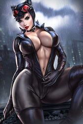 1girls batman_(series) big_breasts black_hair bodysuit catwoman child_bearing_hips cleavage dandon_fuga dc dc_comics female female_only green_eyes hips large_breasts lipstick looking_at_viewer makeup open_clothes rain raining seductive solo thick_hips unzipping water wet wide_hips zipper rating:Explicit score:440 user:ToggafNaelik