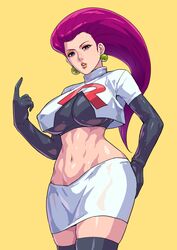 1girls alternate_breast_size alternate_version_available big_breasts blue_eyes cirenk crop_top earrings elbow_gloves eyeshadow female female_only huge_breasts jessie_(pokemon) large_breasts long_hair looking_at_viewer midriff navel nintendo nipples_visible_through_clothing pencil_skirt pokemon purple_hair skirt solo team_rocket thighhighs tight_clothing toned_stomach voluptuous wide_hips rating:Questionable score:265 user:vicbauss