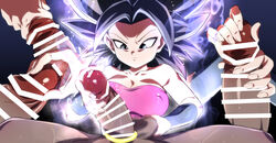 1boy 1girls black_hair breasts caulifla censored cleavage clothed_female_nude_male dragon_ball dragon_ball_super goddess handjob huge_breasts male_pov pov precum rom shounen_jump ultra_instinct ultra_instinct_sign rating:Explicit score:110 user:MegaMoo