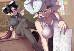 2girls absurd_res alternate_breast_size artist_name big_breasts breasts callie_(splatoon) choker clothing eye_contact female female_only glasses high_resolution humanoid inkling inkling_girl large_breasts looking_at_viewer marie_(splatoon) nail_polish nintendo pointy_ears smooth_skin splatoon squid_sisters stevechopz teacher tentacle_hair thick_thighs tight_clothing rating:Questionable score:156 user:Bikuta69