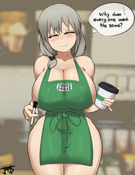 1girls artist_signature big_breasts blush breasts closed_eyes female female_focus female_only grey_hair huge_breasts iced_latte_with_breast_milk jmvmaa large_breasts long_hair mature_female meme milf naked_apron nipple_bulge solo speech_bubble standing starbucks sweat text uzaki-chan_wa_asobitai! uzaki_tsuki wide_hips rating:Questionable score:290 user:Bikuta69