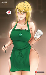 big_breasts blonde_hair blue_eyes child_bearing_hips coffee iced_latte_with_breast_milk meme metroid milk myst nintendo samus_aran sideboob soft_shading starbucks super_smash_bros. super_smash_bros._ultimate thick_thighs wide_hips yhw rating:Questionable score:203 user:YHW