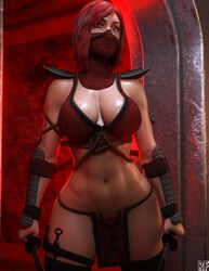 1girls 3d breasts cleavage clothed female female_only knife kunai large_breasts loincloth looking_at_viewer mask mortal_kombat mortal_kombat_(2011) mortal_kombat_11 navel red_eyes red_hair revealing_clothes rude_frog shiny_skin skarlet solo sword rating:Questionable score:203 user:Zomdra