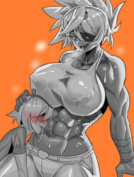 1girls abs bandaged_arm big_breasts blonde_hair bodily_fluids dark-skinned_female dark_skin debonair_diamond dumbbell eyepatch gym hand_on_hip hips huge_ass huge_breasts licking_abs licking_sweat muscular muscular_female nipple_bulge red_eyes scars short_hair sorysam2005 sweat the_hunters_guild:_red_hood thick_thighs veiny_muscles wide_hips workout workout_clothes rating:Explicit score:285 user:BigDaddy777