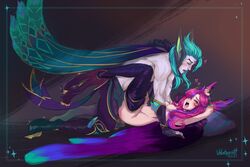 1boy 1girls animal_ears arms_behind_head blush breasts hair_over_one_eye heart league_of_legends long_hair nude on_back open_mouth pink_hair rakan simple_background star_guardian_rakan star_guardian_series star_guardian_xayah text velvetqueenh xayah rating:Explicit score:57 user:LukeSkyLuke