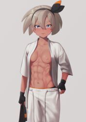 abs bea_(pokemon) blue_eyes female fingerless_gloves gloves hairband looking_at_viewer martial_arts_uniform muscular muscular_female open_clothes pokemon pokemon_ss putcher silver_hair solo solo_female toned_female rating:Questionable score:114 user:ToggafNaelik