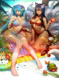 2girls ahri beach beach_towel bikini blue_hair curvy duo female female_only league_of_legends lotion sona_buvelle swimsuit taemin_park tail voluptuous rating:Questionable score:125 user:deleted9785