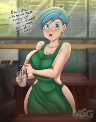 1girls apron apron_only big_breasts blue_eyes blue_hair blush bulma_briefs dragon_ball dragon_ball_super dragon_ball_z english_text hourglass_figure human iced_latte_with_breast_milk lactating_in_glass lactation light-skinned_female light_skin looking_at_viewer magnificentsexygals mature mature_female meme milk milking mother naked naked_apron nipple_slip nipples short_hair speech_bubble text thick_thighs wife rating:Explicit score:114 user:Ruff23