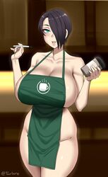 1girls apron aqua_eyes artist_name artist_signature bare_shoulders barista black_hair blush breasts cleavage coffee coffee_cup coffee_shop facing_viewer female_focus green_apron hair_over_one_eye high_resolution highres holding_coffee_cup holding_marker huge_breasts iced_latte_with_breast_milk lips lipstick looking_at_viewer marker meme naked_apron no_bra no_panties nude_apron original original_character saya_(twrlare) shiny shiny_hair shiny_skin short_hair shoulders sideboob smile solo standing starbucks twrlare rating:Explicit score:207 user:ron50