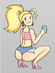  back_view blonde_hair butt_focus clowngrease heels hoop_earrings nerd_and_jock_(webcomic) ponytail queen_(nerd_and_jock) selfie short_jeans short_shorts squatting  rating:explicit score: user:bot