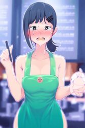 1girls 2021 apron apron_only black_eyes black_hair chainsaw_man cute female female_focus female_only green_apron higashiyama_kobeni human human_only i_mean_breast_milk iced_latte_with_breast_milk meme pochita_(chainsaw_man) short_hair starbucks sweat sweatdrop sweating theobrobine rating:Questionable score:407 user:ChrisGamer69