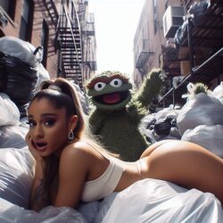 1girls ai_generated alley ariana_grande ass brown_hair celebrity clothing dall-e3 earrings eyeliner garbage garbage_bags garbage_bin green_fur hips human human_female laying_on_stomach light-skinned_female light_skin long_hair looking_at_viewer lying muppets open_mouth oscar_the_grouch outside pink_lips puppet real_person round_ass round_butt sesame_street tagme tan-skinned_female tan_skin tattoo the_muppet_show thong tied_hair trash trash_bag trash_can white_clothing rating:Questionable score:90 user:Carl_Wheezer