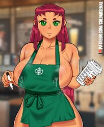 1girls apron barista big_breasts breasts breasts_bigger_than_head clothing coldarsenal dc dc_comics fast_food female female_focus female_only ginger_hair green_eyes huge_breasts iced_latte_with_breast_milk lactation lactation_through_clothes large_breasts leaking_milk looking_at_viewer marker meme outerwear red_hair simple_background solo solo_female solo_focus starbucks starfire sweat sweatdrop sweaty teen_titans thick_thighs uniform wide_hips rating:Explicit score:271 user:GaspinJojo