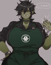 1girls anger_vein angry apron big_breasts black_hair black_sclera breaking choker cup dialogue english_text fangs female female_only green-skinned_female green_skin grey_background hi_res iced_latte_with_breast_milk looking_at_viewer medium_hair meme messy_hair narrowed_eyes orc orc_female orc_mommy original_character ova_(picco) picco pointy_ears scar_across_eye scar_across_face shirt short_hair solo speech_bubble starbucks talking_to_viewer very_short_hair waitress white_eyes wide_hips rating:Questionable score:413 user:!nner$elf89