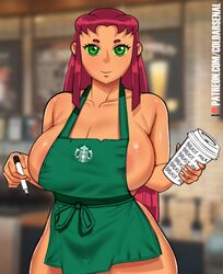 1girls apron big_breasts breasts breasts_bigger_than_head coldarsenal dc dc_comics female female_focus female_only ginger_hair green_eyes huge_breasts iced_latte_with_breast_milk large_breasts looking_at_viewer marker meme red_hair simple_background solo solo_female solo_focus starbucks starfire teen_titans thick_thighs wide_hips rating:Explicit score:209 user:GaspinJojo