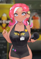 1girls agent_8_(splatoon) alternate_breast_size apron bare_shoulders big_breasts black_apron blurry_background blush breasts brown_skin buttons cephalopod cleavage cup curvy detailed_background eyelashes female female_only frown grey_hair hair hairpin hi_res holding_object iced_latte_with_breast_milk jtveemo lactating lactation_through_clothes large_breasts long_ears looking_at_viewer marine meme name_tag nintendo octoling octoling_girl pencil pink_hair pointy_ears sideboob signature splatoon standing surprised surprised_expression sweat sweatdrop tentacle_hair thick_thighs thighs watermark wide_eyed rating:Questionable score:380 user:Slimey_