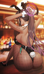 1girls alcohol animal_ears ass back bar bare_back bare_shoulders black_footwear black_hair black_leotard blue_archive bottle breasts bunny_ears bunny_tail cleaning_&_clearing_(blue_archive) clothing counter dark-skinned_female dark_skin detached_collar eun_bari extra_ears fake_animal_ears fake_tail female fishnet_legwear fishnets footwear from_behind gloves halo high_resolution indoors karin_(blue_archive) karin_(bunny)_(blue_archive) large_breasts leotard long_hair millennium_science_school_student pantyhose playboy_bunny ponytail shoes side-tie_leotard sideboob sidelocks sitting solo strapless strapless_leotard tail thong thong_leotard tied_hair tying_hair very_high_resolution very_long_hair whiskey white_gloves wrist_cuffs rating:Questionable score:142 user:LilBeep