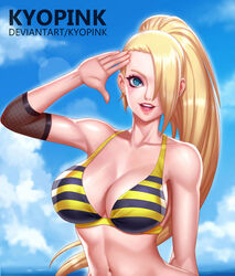 1girls beach big_breasts bikini blonde_hair blue_eyes blue_sky breasts cleavage clouds curvaceous elbow_pads female female_only fishnets fully_clothed hair_over_one_eye ino_yamanaka kyopink looking_at_viewer midriff naruto naruto_(series) naruto_shippuden ocean open_mouth outdoors ponytail sky slim_waist solo solo_focus striped_bikini stripes swimsuit tied_hair upper_body waving wide_hips yellow_bikini rating:Safe score:85 user:VenomFate